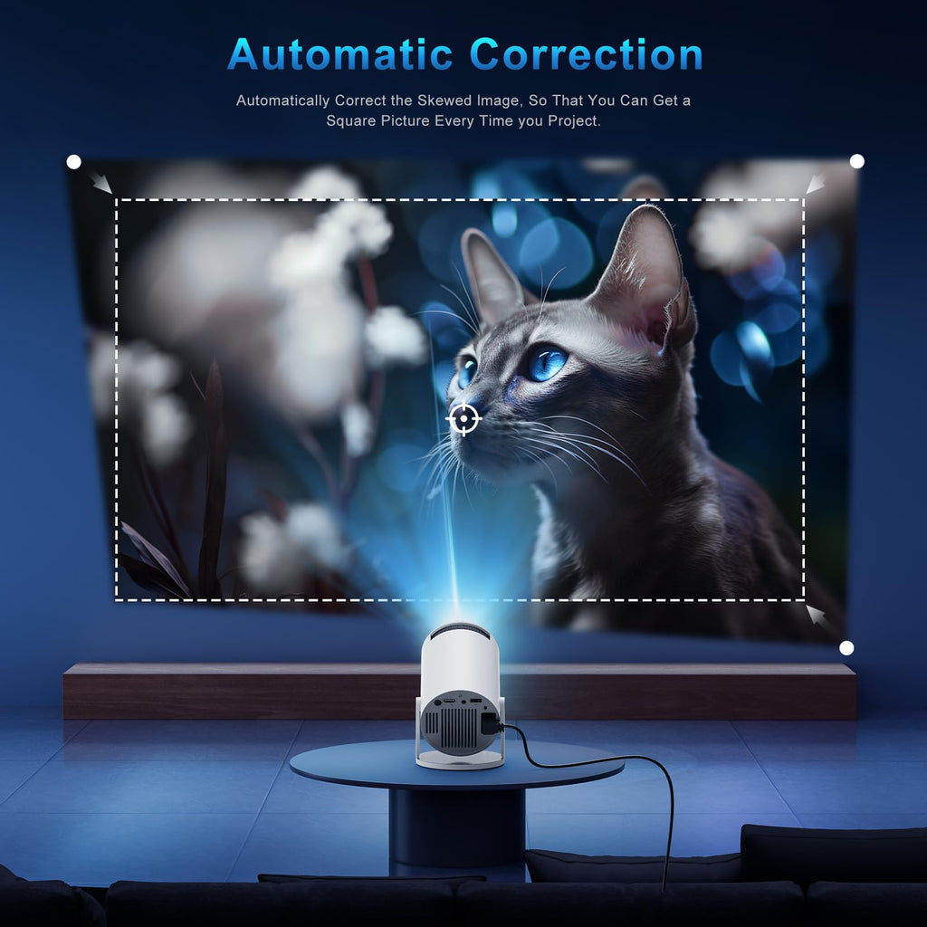 Upgraded 4K FHD Mini Projector with WiFi 6 Bluetooth 5.4, Trapezoidal Correction, Portable Projector with Android 11 and 180° Rotation, Home Theater, for PC/Lap/Stick/HDMI, White