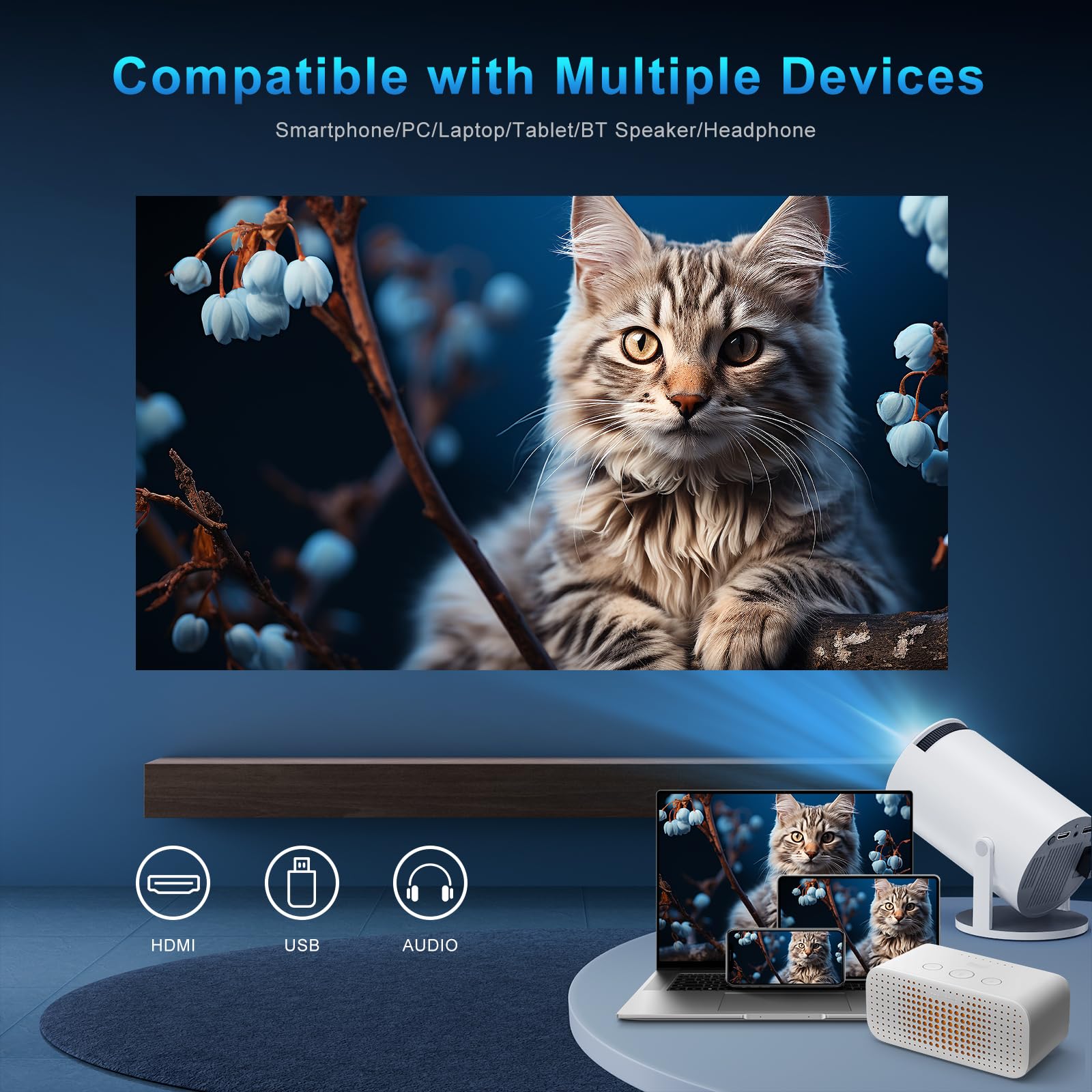 Upgraded 4K FHD Mini Projector with WiFi 6 Bluetooth 5.4, Trapezoidal Correction, Portable Projector with Android 11 and 180° Rotation, Home Theater, for PC/Lap/Stick/HDMI, White