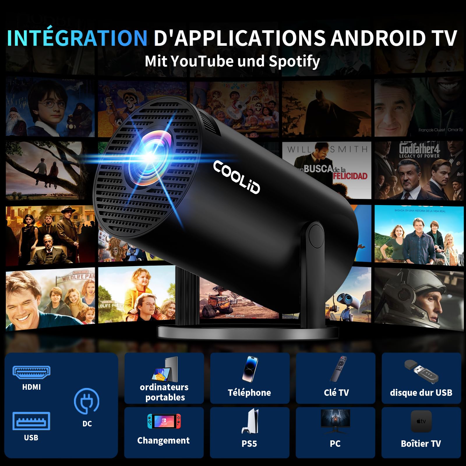 Mini Projector 1080P Portable 4K Projector with Android TV, Support Video Projector for Automatic Trapezoidal Correction, 270° Rotation, with HDMI and Mouse, Black