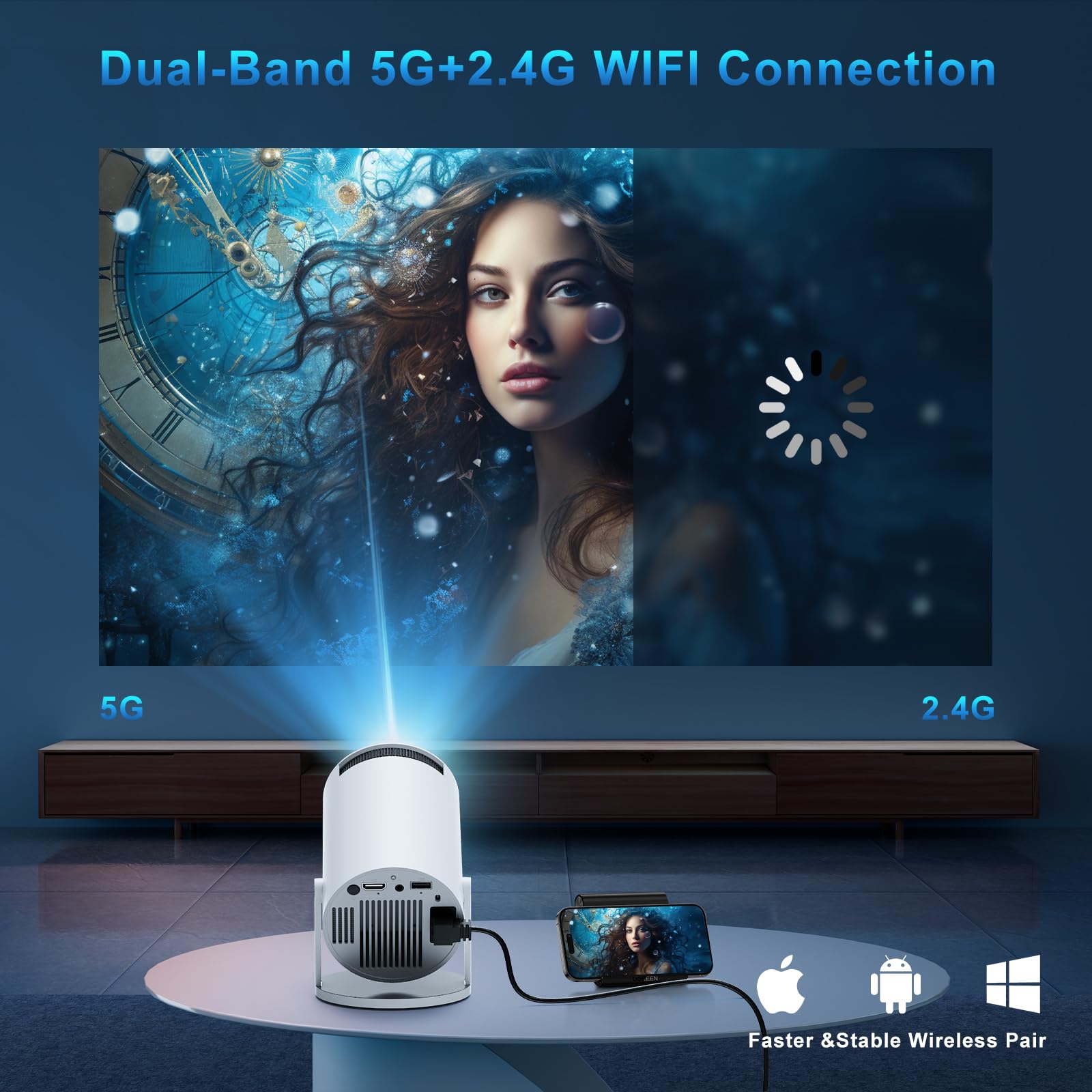 Upgraded 4K FHD Mini Projector with WiFi 6 Bluetooth 5.4, Trapezoidal Correction, Portable Projector with Android 11 and 180° Rotation, Home Theater, for PC/Lap/Stick/HDMI, White